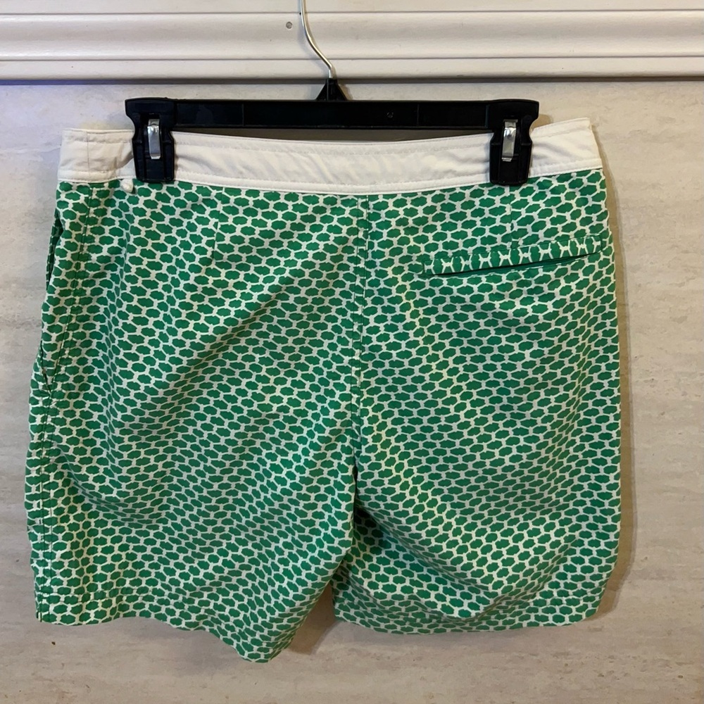 J.Crew Men's Swim Trunks in a green and white geometric print. - Picture 2 of 13